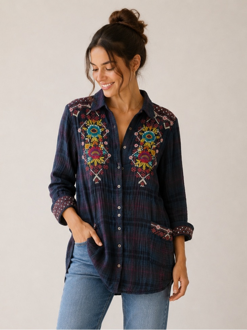 Johnny Was Workshop Embroidered Plaid Gauze Tunic Top Size S